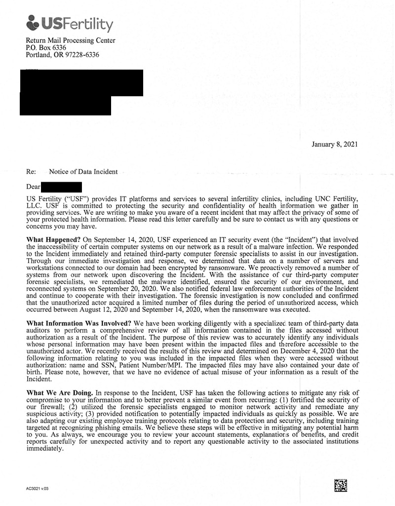 US Fertility data breach letter